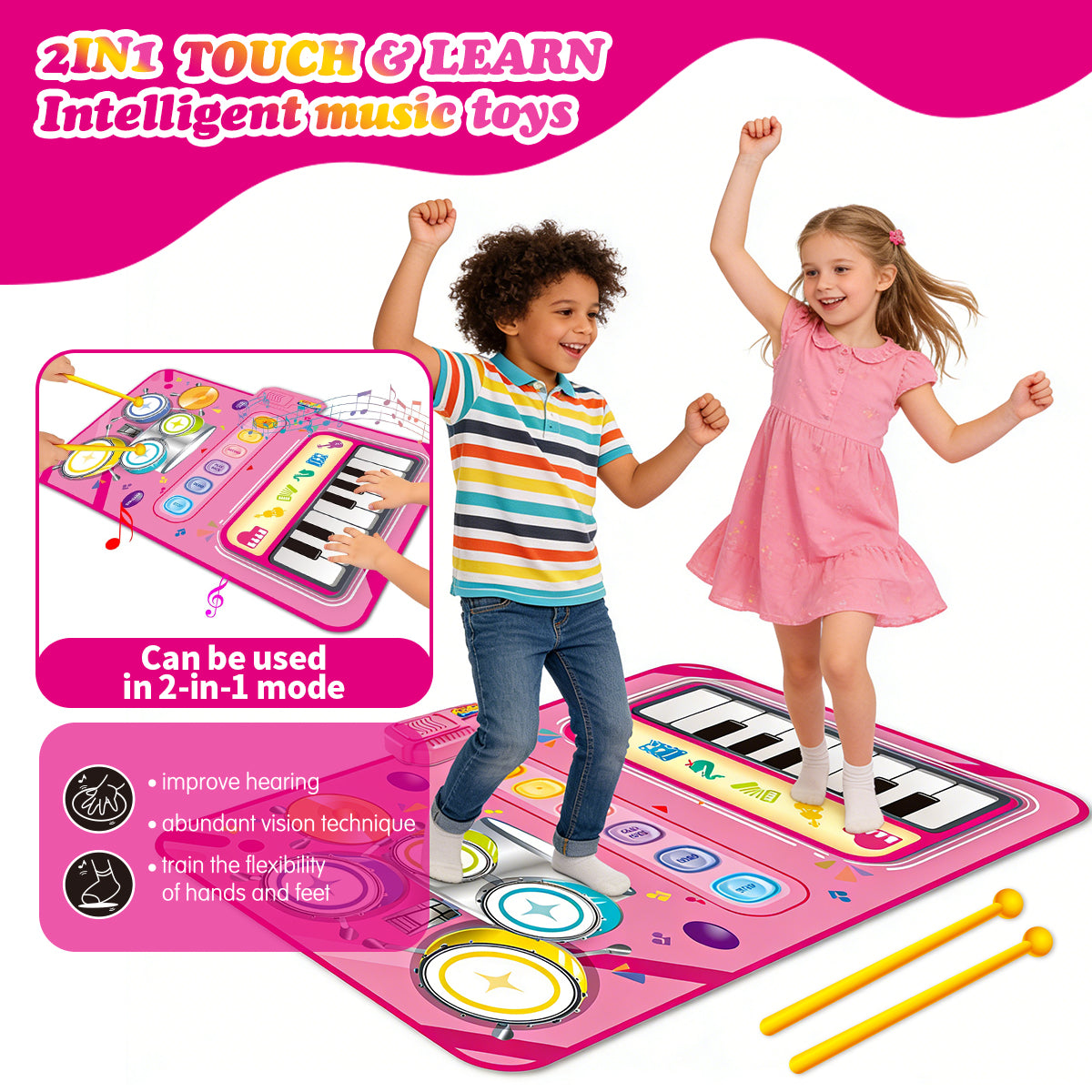 2-in-1-Spielmatte mit Klavier- und Jazz-Schlagzeug für Kinder, rosa