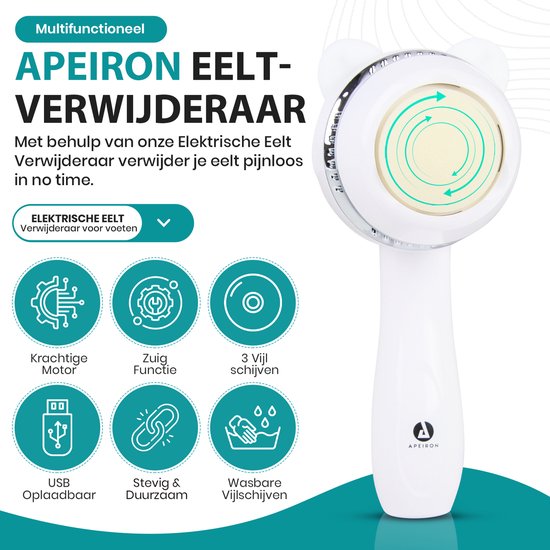 Apeiron Elektrischer Hornhautentferner – Fußfeile – Professioneller Hornhautentferner – Hornhautfeile – Hornhautentferner – USB-aufladbar – Inklusive 3 zusätzlicher Feilscheiben – Weiß – Kostenloses E-Book