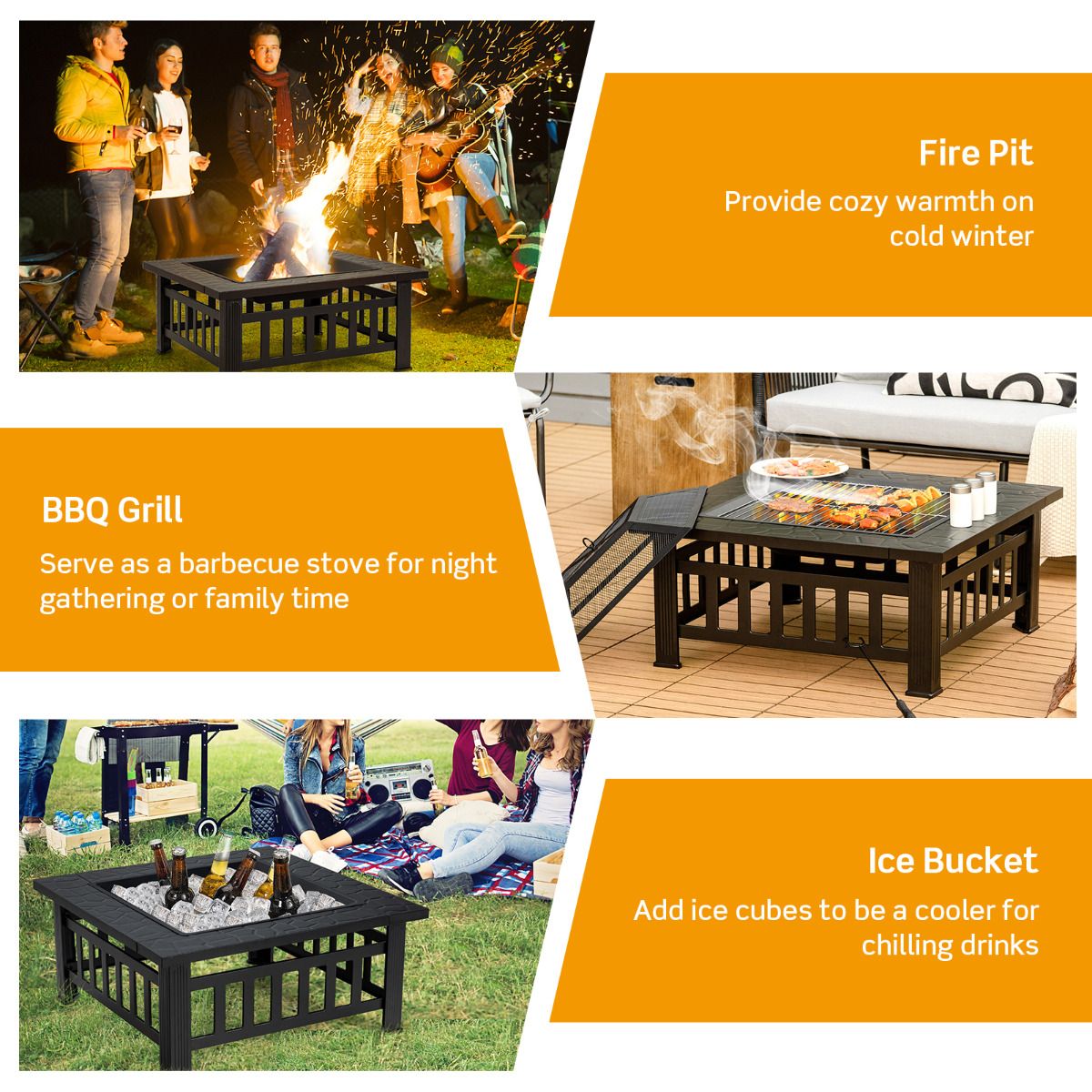 Coast quadratische Feuerstelle – 3-in-1-Feuerschale mit Tischfunktion – mit Grillrost und Eiskübel – schwarz 81 x 81 x 50 cm