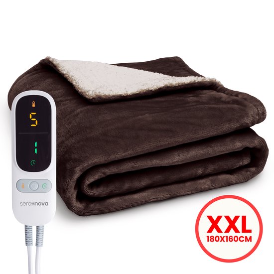 Seranova Heizdecke XXL - Extra Heizdrähte - Premium Modell - 180x160 cm - 2 Personen Wärmedecke - Doppelseitiges Fleece Sherpa - Kastanienbraun