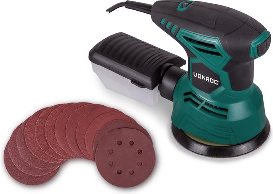 VONROC Exzenterschleifer - 300W - Ø125mm - Mit Staubauffangbox & 12 Stück Schleifpapier