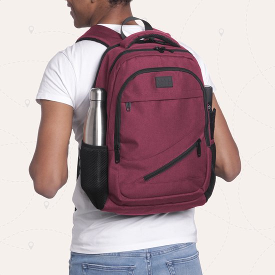TRVLMORE Rucksack mit Lifetime - Rucksack mit 15.6 Zoll Laptopfach - Schultasche - spritzwassergeschützt - Männer und Frauen - Jungen und Mädchen - 28L - Burgunderrot