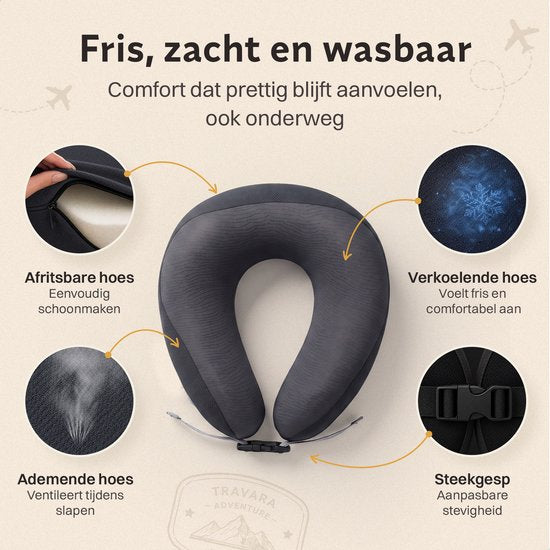 TRAVARA Nackenkissen „The Daydreamer“ – Reisekissen mit Duo-Density-Memory-Schaum – Für Flugzeug und Auto – Memory-Schaum – Dunkelgrau