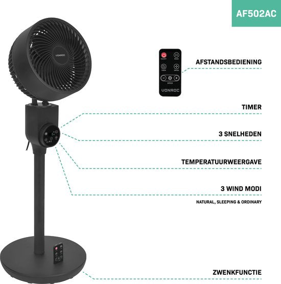 VONROC BREEZE Fan - leiser Bodenventilator - 88cm - Inkl. Fernbedienung - 3 Geschwindigkeiten - Swing-Funktion - 180° schwenkbar - schwarz