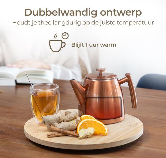 Vaja® Teekanne Juliette Rosé - Doppelwandig - 1 Liter - Edelstahl-Teekanne mit Filter & Heißhalterung