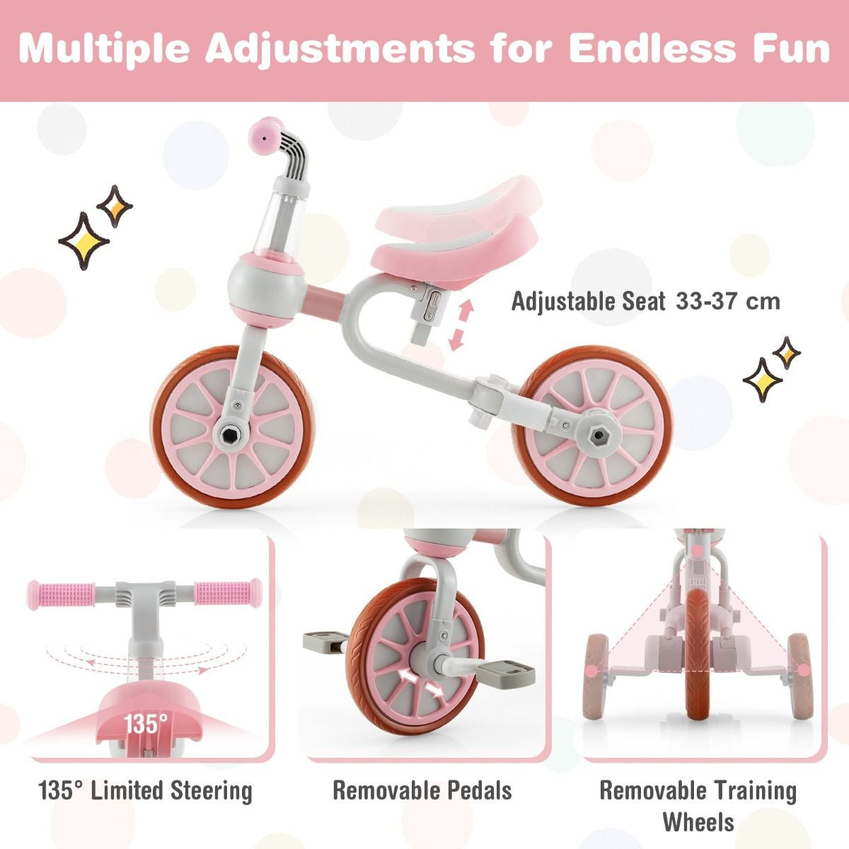 Coast Kids Rad 4-in-1 Vorschalenrad mit Elterngriff 37 x 72 x 101 cm rosa