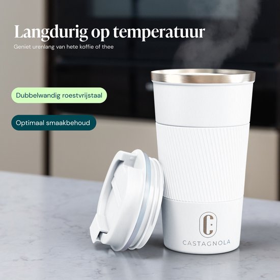 Castagnola Thermobecher – Kaffeebecher für unterwegs – Reisebecher für Kaffee und Tee – Teebecher – 510 ml – Edelstahl – Weiß