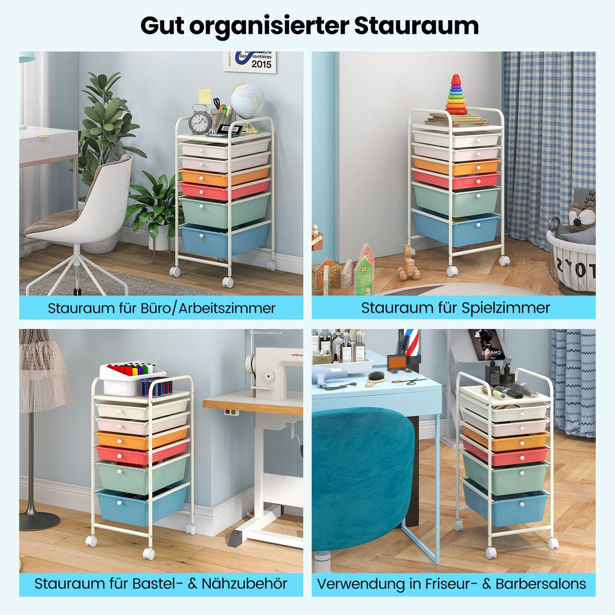 Coast Rollcontainer mit 6 stapelbaren Schubladen – Metallgestell – mit Aufbewahrungsbehälter – bunt