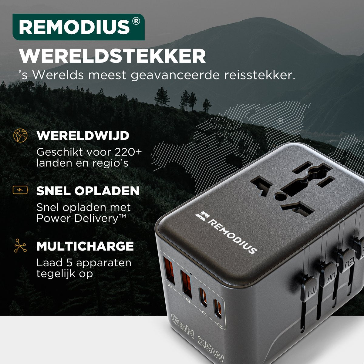 Remodius World Plug - Universeller Reiseadapter für 220+ Länder - 2x USB-C & 2x USB-A - Schnellladegerät - Typ A/B/C/D/E/F/G/I/J/L/N - Kompakt & handgepäcktauglich