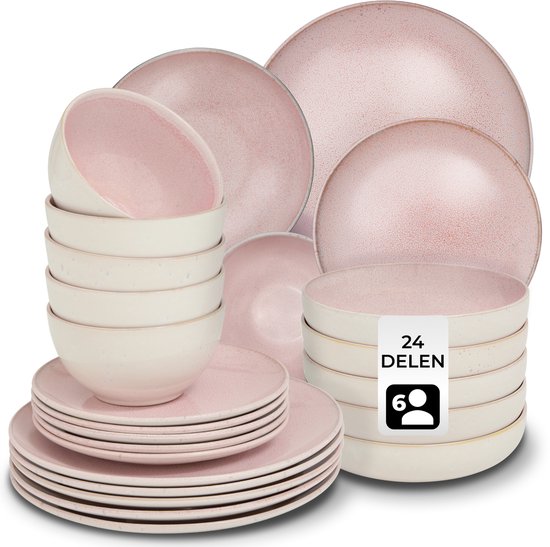 tectake® Geschirrset Mare – 24-teilig – Steingut mit glänzender Glasur - Für 6 Personen - Handgefertigtes Geschirr - Modernes Geschirrset mit großen und kleinen Tellern, Schüsseln und Schälchen - Spülmaschinen- und mikrowellengeeignet - Rosa