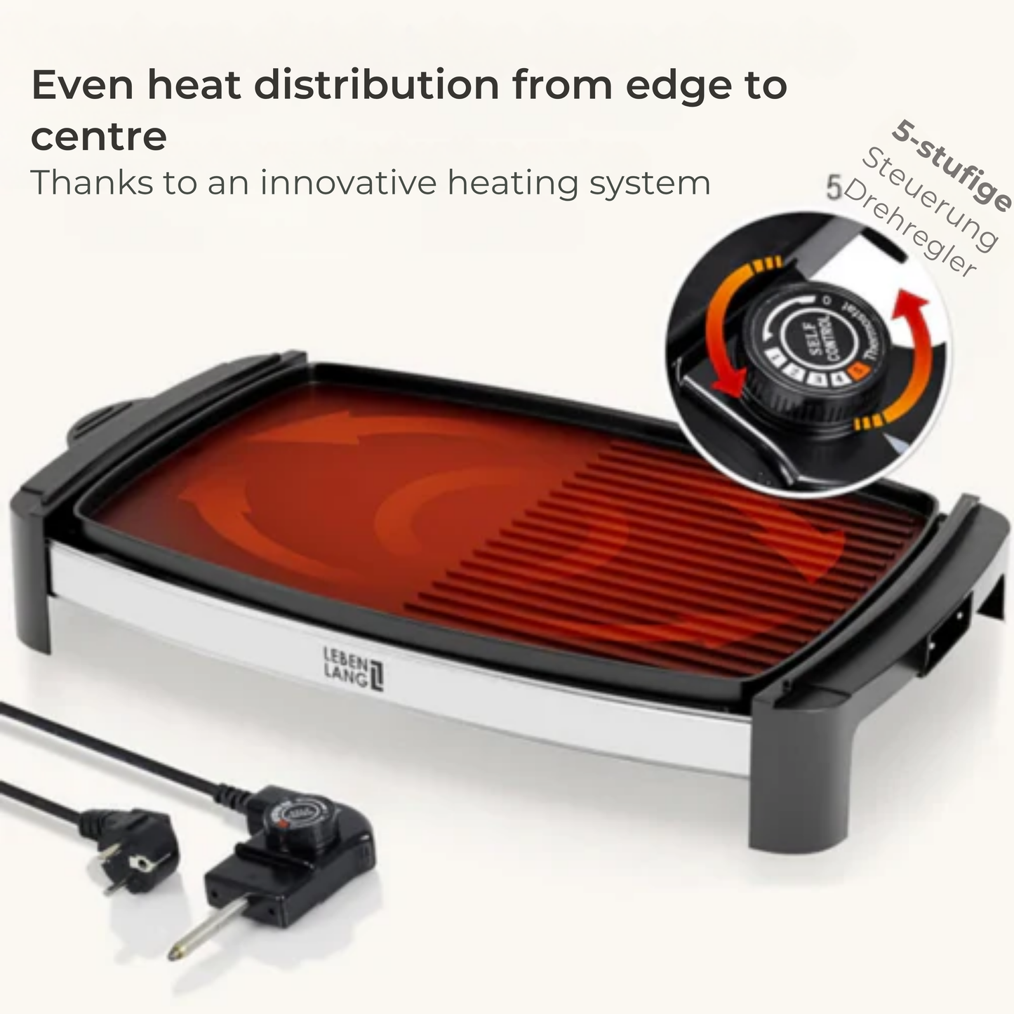 LEBENLANG Elektro-Grillplatte - 2000 Watt - 4 bis 8 Personen - Für drinnen & draußen - 32,1 x 54,5 x 6,5 cm - Schwarz