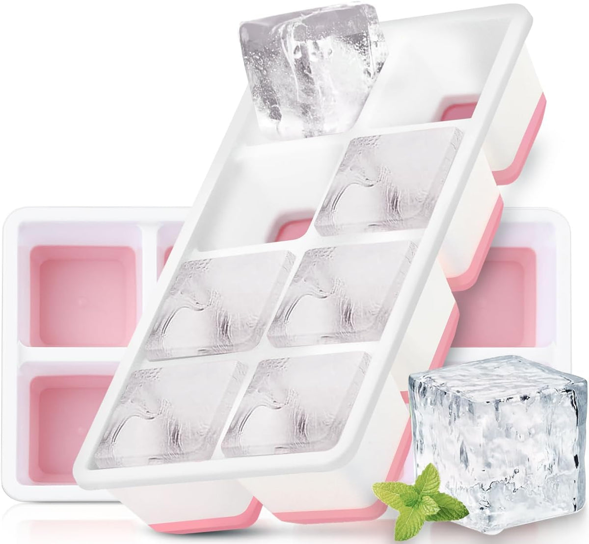 Silikon-Eiswürfelform, groß, mit Deckel, 2er-Set – Eiswürfel mit den Maßen 4,5 x 4,5 x 4 cm – BPA-frei und stapelbar – Rosa