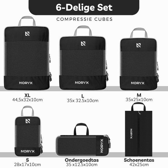 Noryx Packwürfel 6-teiliges Set - mit Kompressionsreißverschlüssen - Koffer- & Rucksack-Organizer-Set - Reisekompression - Gepäck-Organisatoren - Kompressions-Kleiderwürfel