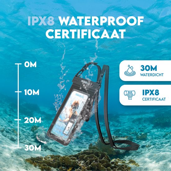 Travelly® Wasserdichte Handytasche mit extra Staufach - Universelle Unterwassertasche für Smartphone - Geeignet für alle Handys - Drybag - Für Urlaub, Schwimmen & Wassersport - Schwarz
