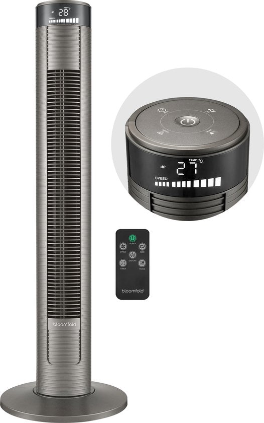 Bloomfold Turmventilator - 38 Zoll - Grau - Fernbedienung - Schlafmodus - 12-Stunden-Timer - Voll-LED-Display