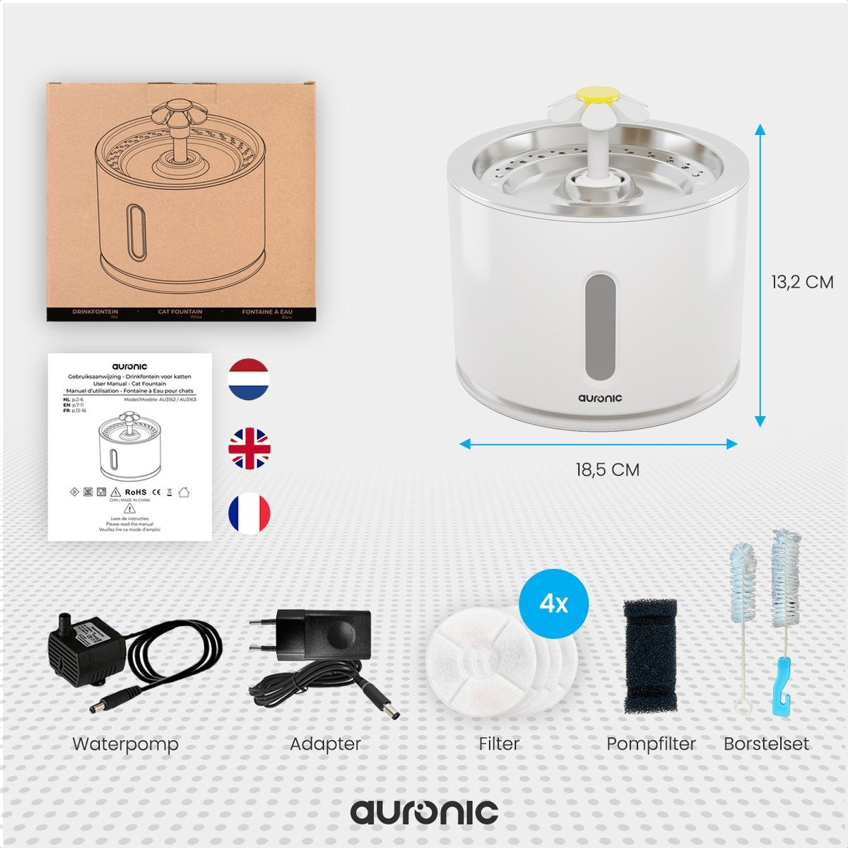 Auronic Trinkbrunnen - Wasserbrunnen für Katzen und Hunde - 2.4L - Tiertränke - Inkl. 4 Filter und 2 Bürsten - Weiß