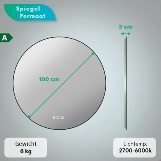 Mirlux Badezimmerspiegel mit LED-Beleuchtung & Heizung - Wandspiegel rund - Anti-Kondensations-Duschspiegel - Mattschwarz - 100CM