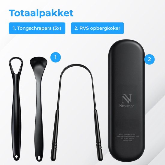 Nuvance Professioneller Zungenschaber – 3-in-1-Set – für die Mundpflege – Zungenreiniger – Zungenschaber – Tongue Scraper – Edelstahl – Schwarz