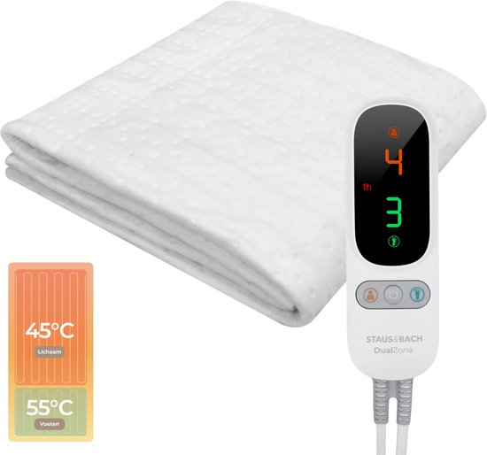 STAUS&BACH Wärmeunterbett mit Fußwärme 190x90 cm - Einzeln - 6 Heizstufen - Separate Fußzone - Anti-Allergie - Antibakteriell - Wärmedecke - Extra schnelle Wärme - Waschbar - Vlies - DualZone - Weiß