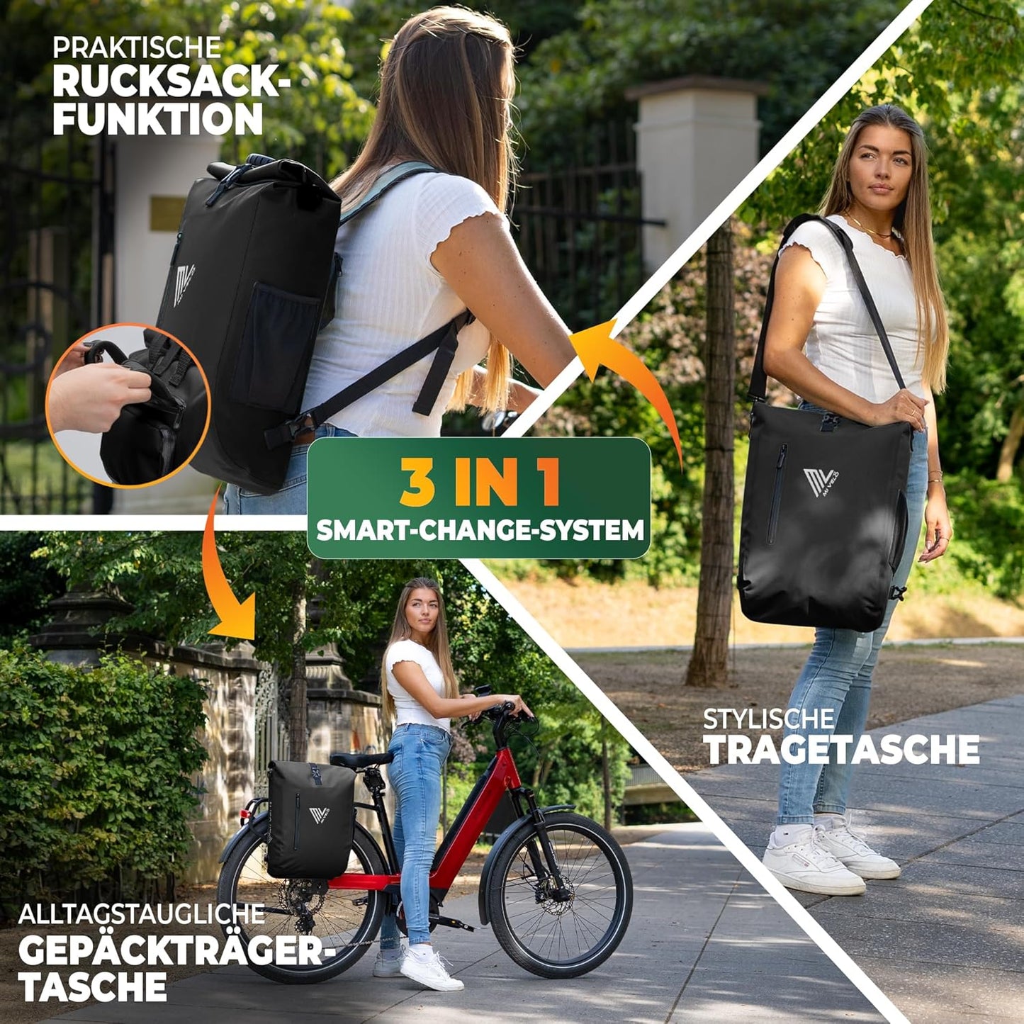 MIVELO - 3-in-1 wasserdichte Fahrradtasche - Rucksack und Umhängetasche - inkl. Laptopfach - 20L - Schwarz