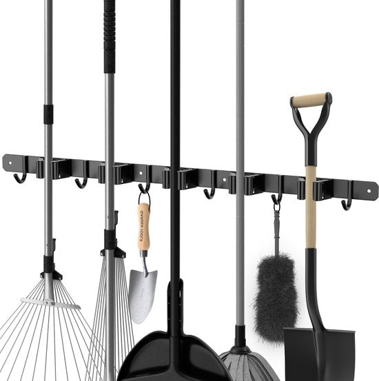 Volcan Besenhalter - Besen Aufhängesystem Gartengeräte - Werkzeughalter - 3M Band - 5 Halter 6 Haken - Edelstahl Schwarz