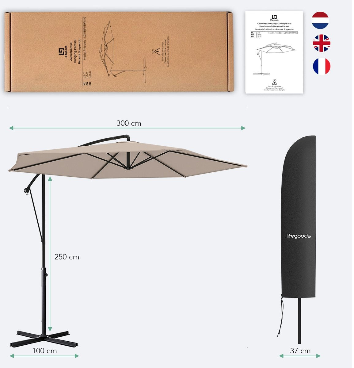 LifeGoods Schwebender Sonnenschirm - bis zu 8 Personen - Ã˜300cm - Wasserdicht - mit Abdeckung und Kreuzfuß - Garten oder Strand - Creme