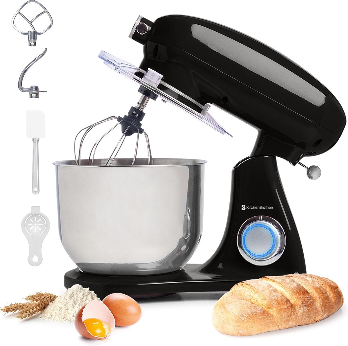 KitchenBrothers Küchenmaschine - Küchenmixer mit 6-Liter-Edelstahl-Mixtopf - 1800W - Schwarz