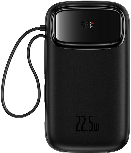 Baseus 10.000-mAh-Powerbank | Schnellladung mit 20 W über USB-C und USB-A | Reiseformat mit Display, schwarz | Universelle Powerbank, u. a. geeignet für Samsung und iPhone | Integriertes USB-C- und Lightning-Kabel