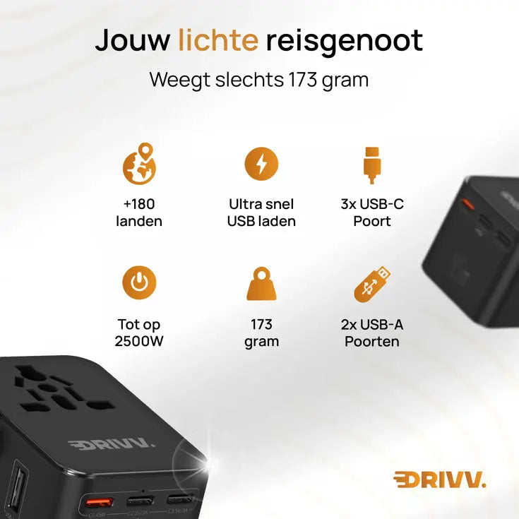 Drivv. Universeller USB-C-Reiseadapter mit 45 W – für über 180 Länder – 3x USB-C & 2x USB-A – kompakter Reiseadapter