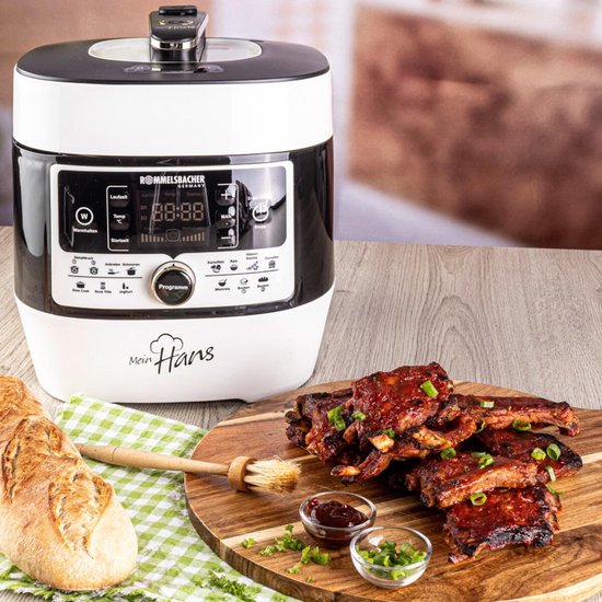 Rommelsbacher Multifunktions-Schnellkochtopf „Mein Hans“ MD 1000 – 14 Programme – Schnellkochen, Reis kochen, Anbraten, Dämpfen, Slow Cooking, Sous-vide, Backen und Braten, Frittieren – 6 Liter