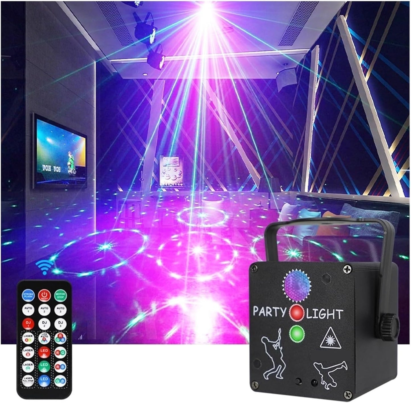 Disco-Lampe mit Party-Laser und Fernbedienung – LED-Stroboskop mit USB-Anschluss – 2 Eyes Laser