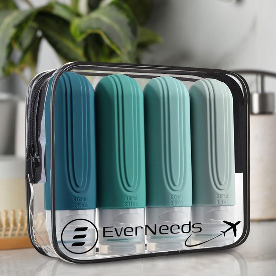 EverNeeds Reiseflaschen mit Etui - Nachfüllbar - Silikon-Reiseflaschen Handgepäck - Minze - 4 Stück