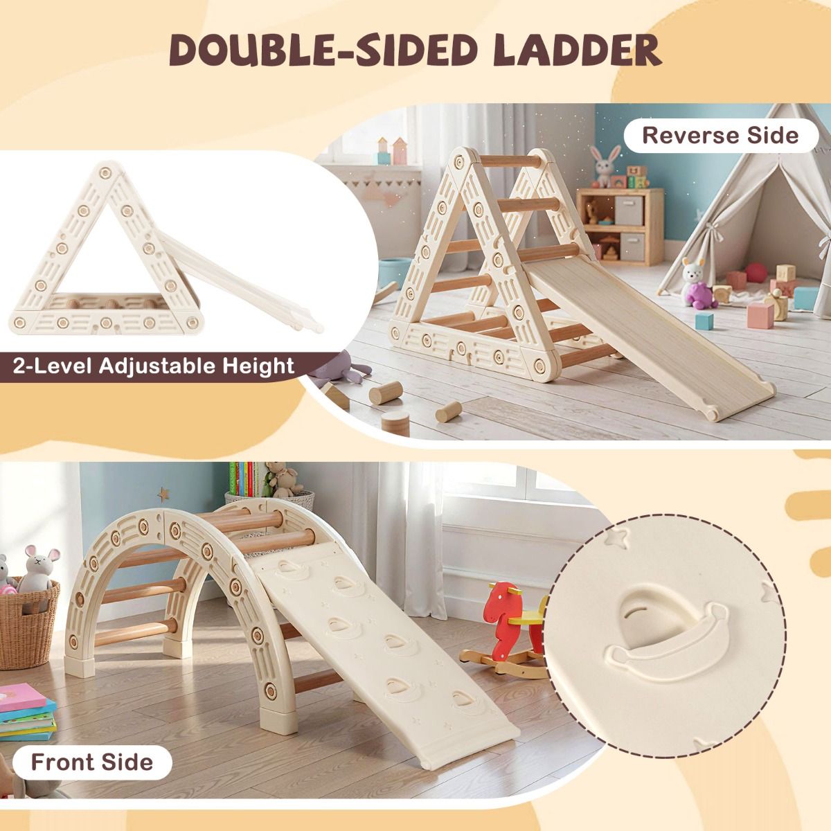 Coast Montessori Klettergerüst für Kinder – 5-in-1-Klettergerüst aus Holz mit Bogen und doppelseitiger Leiter – beige und kaffeefarben