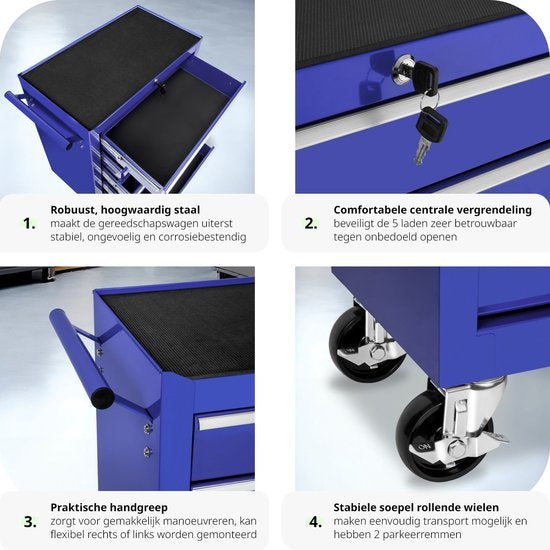 tectake - Werkzeugwagen mit 5 Schubladen - blau - 402798