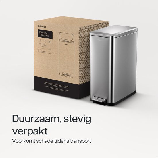 Deleca Mülleimer Prestige - 50 Liter - Schmal - Edelstahl Abfalleimer / Abfallbehälter / Tret-Abfalleimer - Mit Fußpedal und Slow Close - Matt Silber