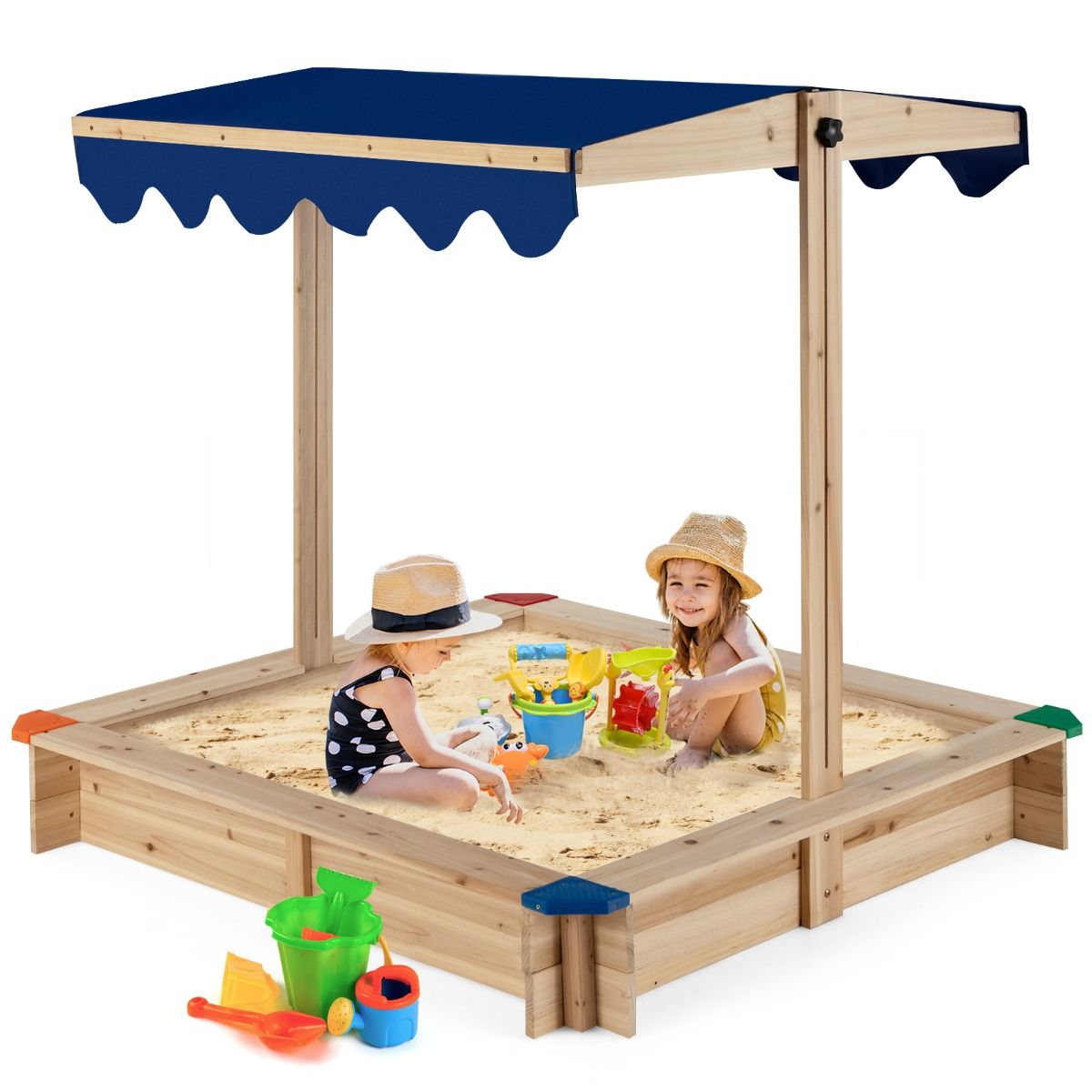Coast Holzsandkasten mit verstellbarem Sonnendach – ohne Boden – Sitzecke – blau – 121 x 121 x 120 cm