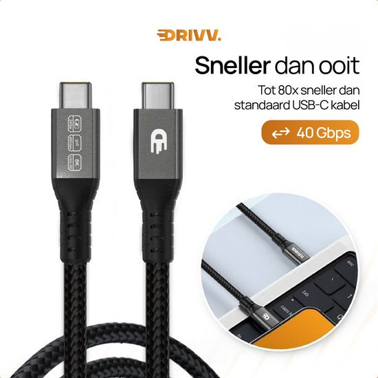Drivv. USB-C-zu-USB-C-Kabel 4.0 – Gen 3 – 240 W Schnelllader – 8K 60 Hz – 40 Gbit/s – 3 Meter – Nylon – Schwarz
