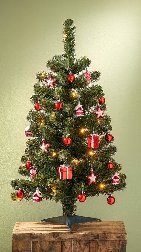 Black Box Trees Joy Künstlicher Weihnachtsbaum mit 26 Ornamenten und LED-Lichtern - H90 x Ø50 cm - Grün, Rot
