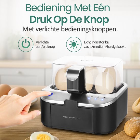 Emerio Smart Elektrischer Eierkocher – Für 6 Eier – 400 W – Sprachansagen – Hart, weich und mittel gekocht gleichzeitig – Inklusive Messbecher – EB-123177.12 – Eierkocher Schwarz