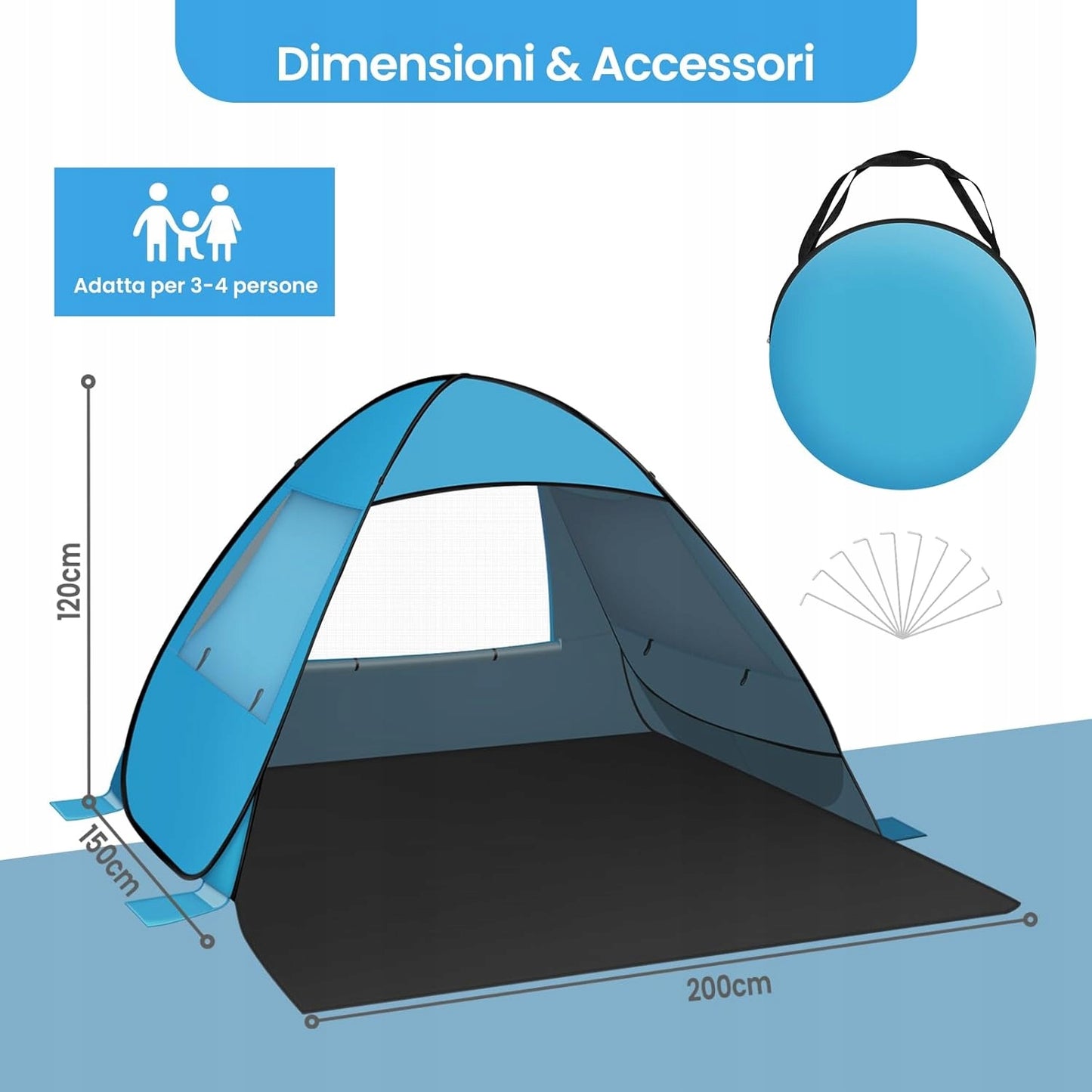 Woltu Pop-Up-Strandzelt – Blau – 200 x 150 x 120 cm
