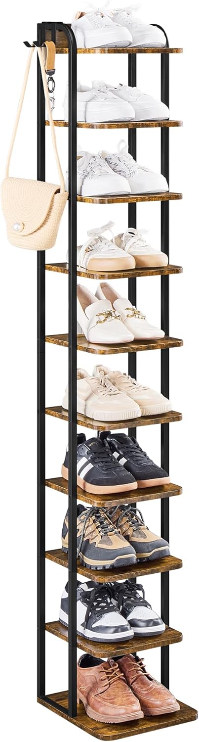 Yaheetech Schmales Schuhregal mit 10 Ebenen – 26,5 x 30 x 162 cm – mit Haken – Vintage-Holz und Metall – rustikales Braun