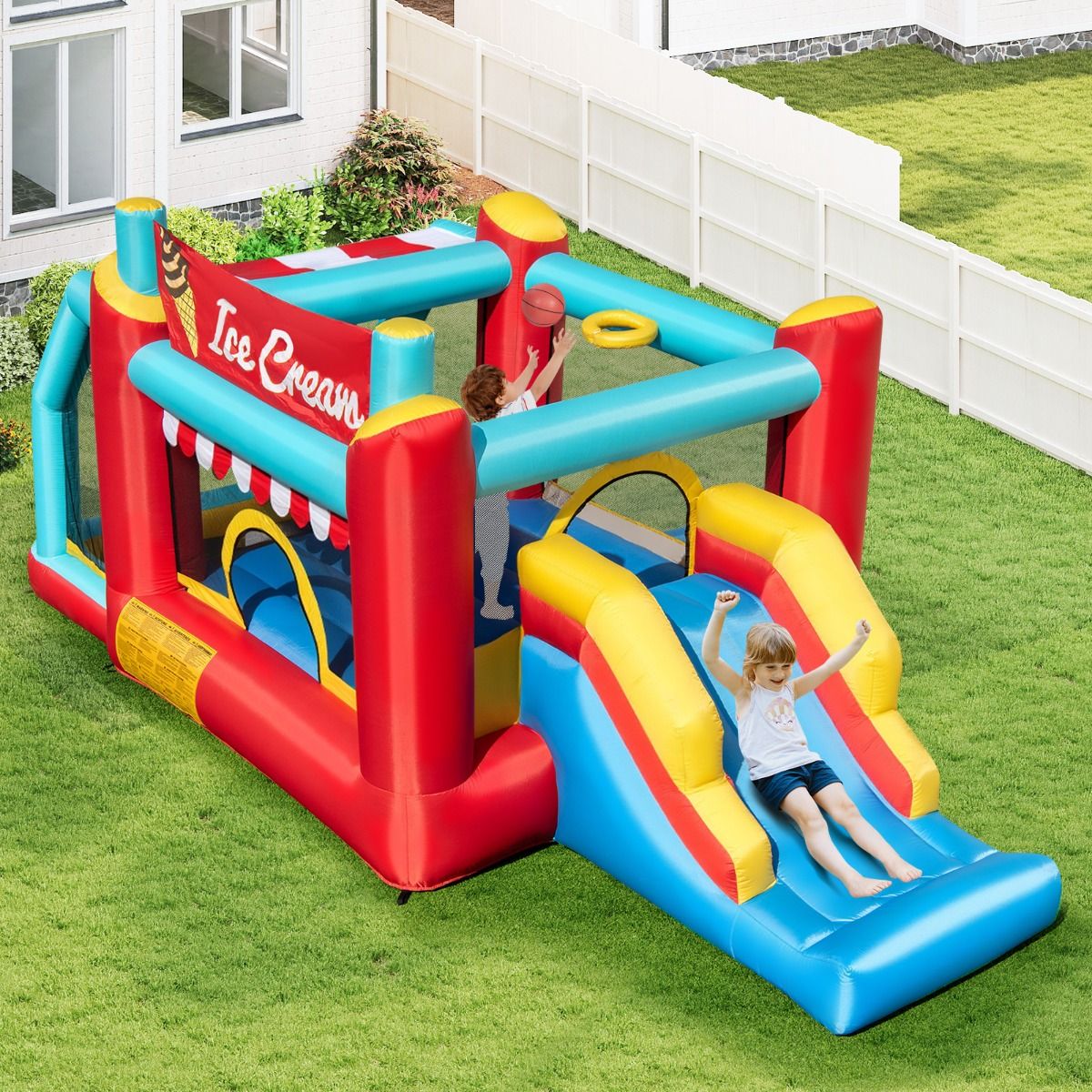 Coast Aufblasbare Hüpfburg 5-in-1 – Rutsche – Bällebad – Basketballkorb – Mehrfarbig 485,5 x 239 x 206 cm