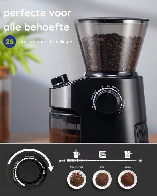 Safecourt Elektrische Kaffeemühle Deluxe - 25 Funktionen - 1000W - Für Kaffeebohnen - Schwarz