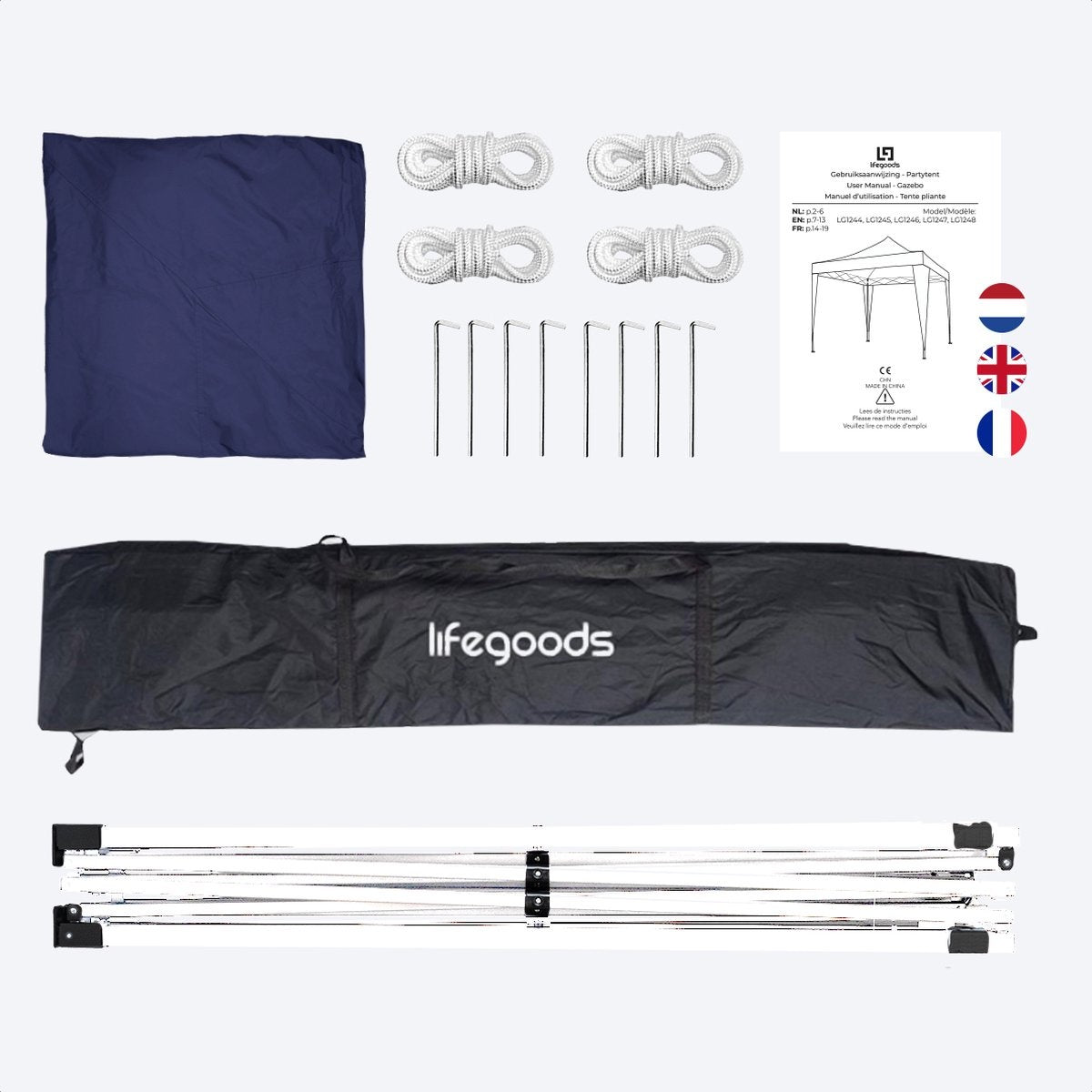 LifeGoods Partyzelt - Pavillon - 3x3 m - leicht aufbaubar - faltbar - wasserdicht - Tragetasche mit Rädern - blau