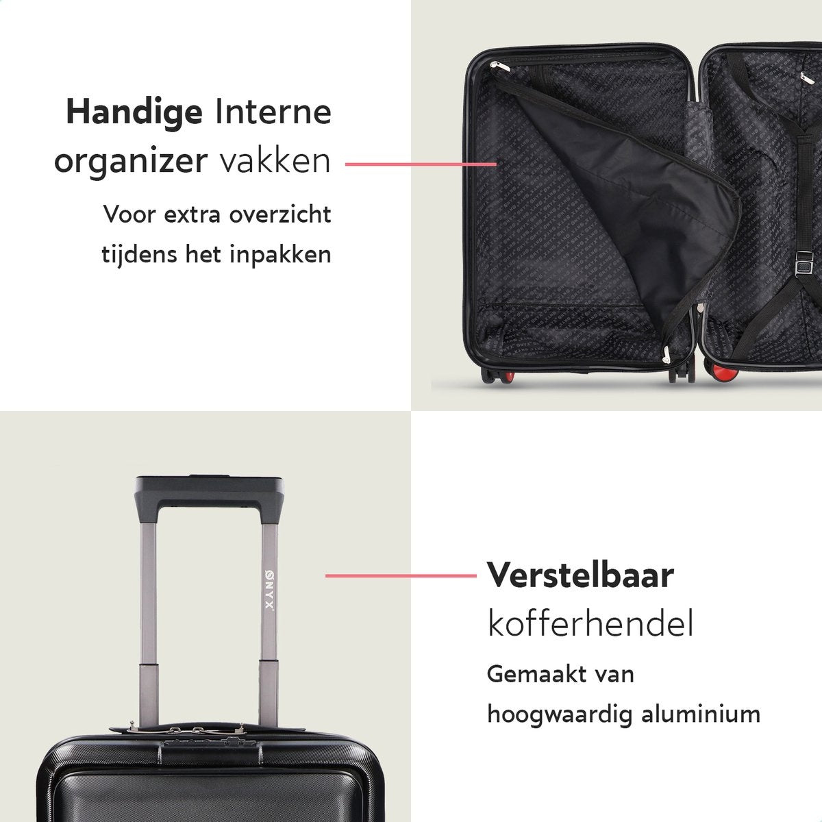 ONYX® - Handgepäck Koffer 35 L - Spinner-Räder - Leichter Trolley - Doppeltes TSA-Schloss - Praktische Vordertasche - 55 cm - Schwarz