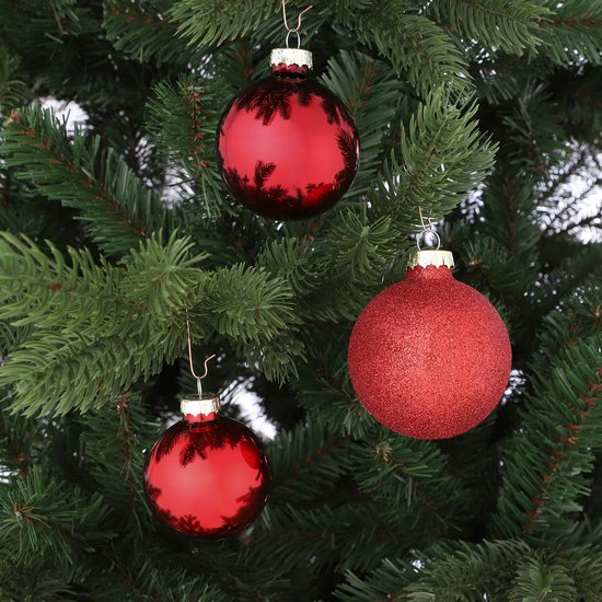 Mica Decorations Weihnachtskugeln-Set, 42 Stück – Weihnachtskugeln für eine solide Basis – Weihnachtsdekoration mit mattem, glänzendem und glitzerndem Finish – Baumspitze in verschiedenen Größen – Ø 7 cm – Rot