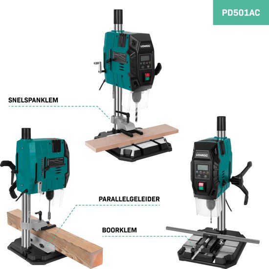 VONROC Säulenbohrmaschine 900W - Tischbohrmaschine - Digitales Bedienfeld mit LCD-Display - Kreuzlinienlaser und LED-Arbeitsleuchte - Inkl. Schnellspanner, Bohrzwinge und Parallelführung