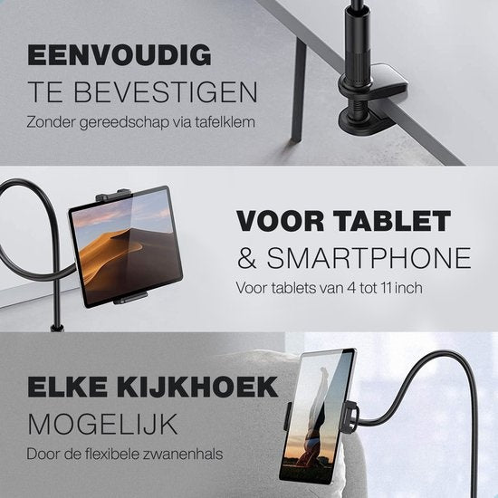 LURKÂ® Tablet-Halterung flexibel und verstellbar - Telefonhalterung Ergonomisch - 70cm lang - 4 bis 11 Zoll - Universal - Schwarz