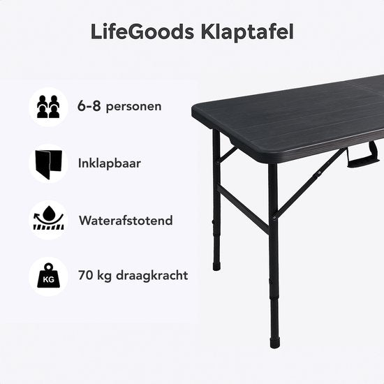 LifeGoods Klapptisch - 180x74 cm - Stabiler Klapptisch - Wetterfest - Klappbarer Esstisch - Campingtisch - Klapptisch für drinnen und draußen - Schwarze Holzmaserung