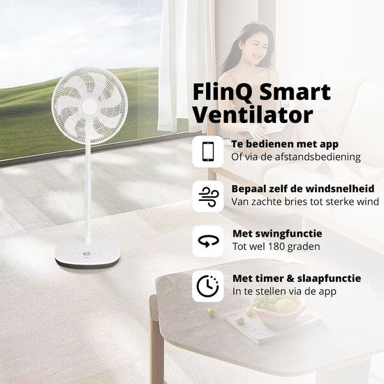 FlinQ Smart Fan - Stativ-Ventilator - Standventilator - Leiser Ventilator mit 90° Drehung - Steuerung per App oder Fernbedienung - Weiß